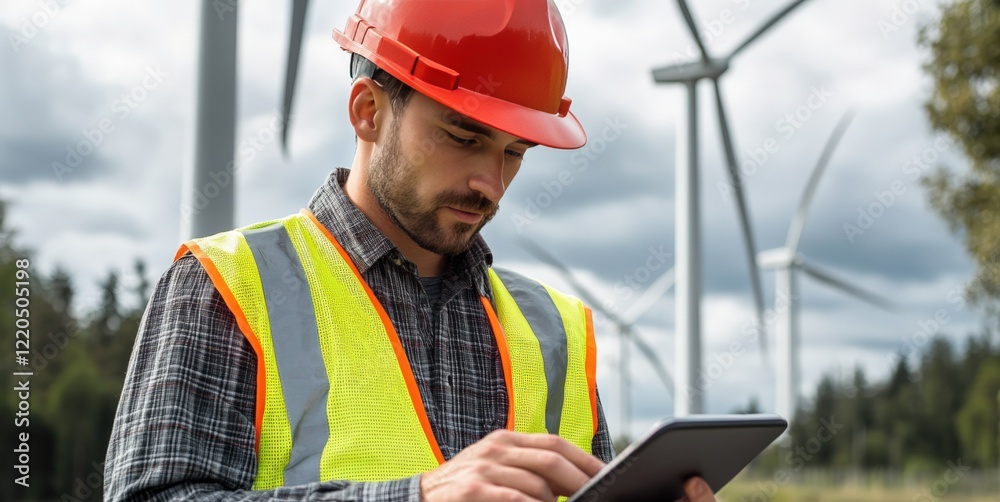 Wind Energy Technician Using Tablet Outdoors Wind Energy Technician Using Tablet Outdoors