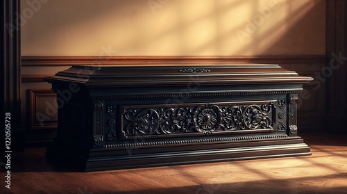 Ornate dark wooden coffin in softly lit funeral room