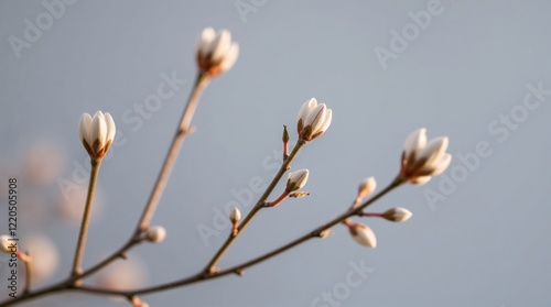 Magnolia flower buds on bare branches against soft blue background