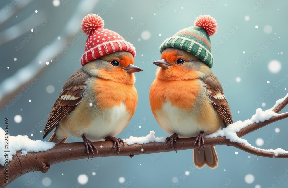 Fototapeta premium New Year's holiday card. Funny birds in hats and scarves are sitting on snowy branches, on a winter day, looking at the camera. Happy New Year and Merry Christmas.