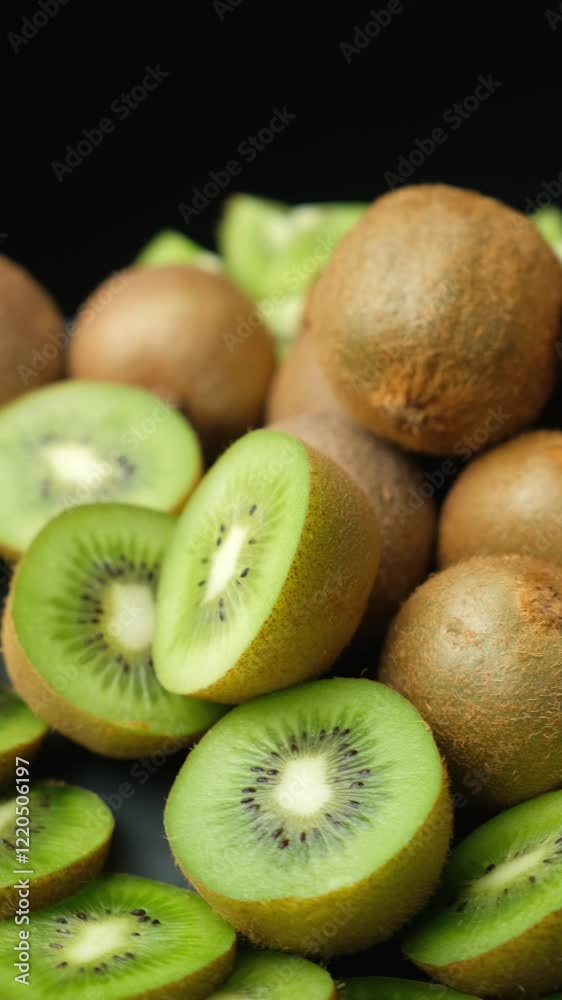 Fresh Kiwi Fruit Rotating on Plate on Black Background Fresh Kiwi Fruit Rotating on Plate on Black Background