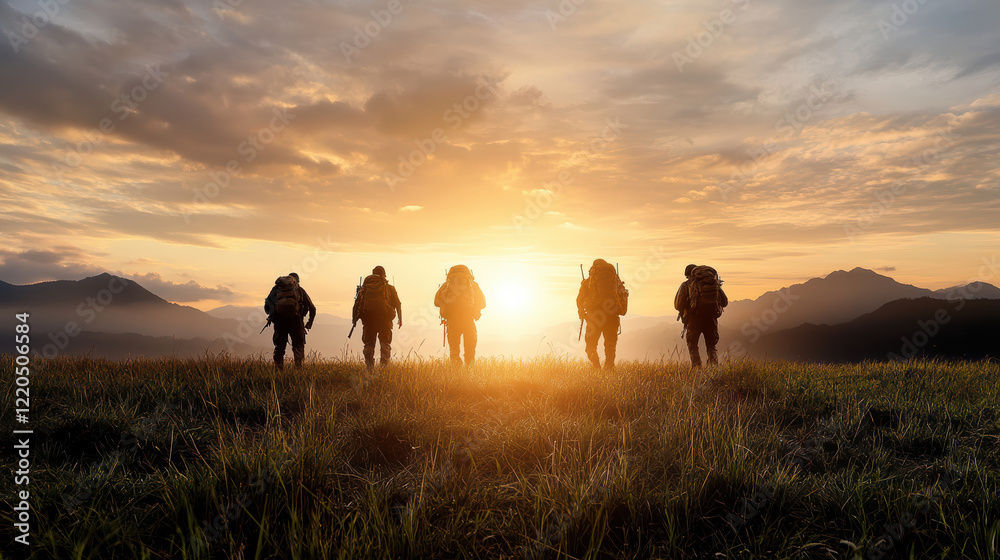 Silhouettes of soldiers at dawn, preparing for mission in nature Silhouettes of soldiers at dawn, preparing for mission in nature