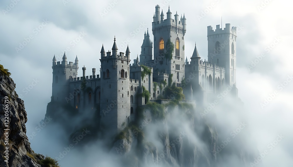 Fototapeta premium Majestic Stone Castle Enveloped In Fog Misty Mountaintop Scene