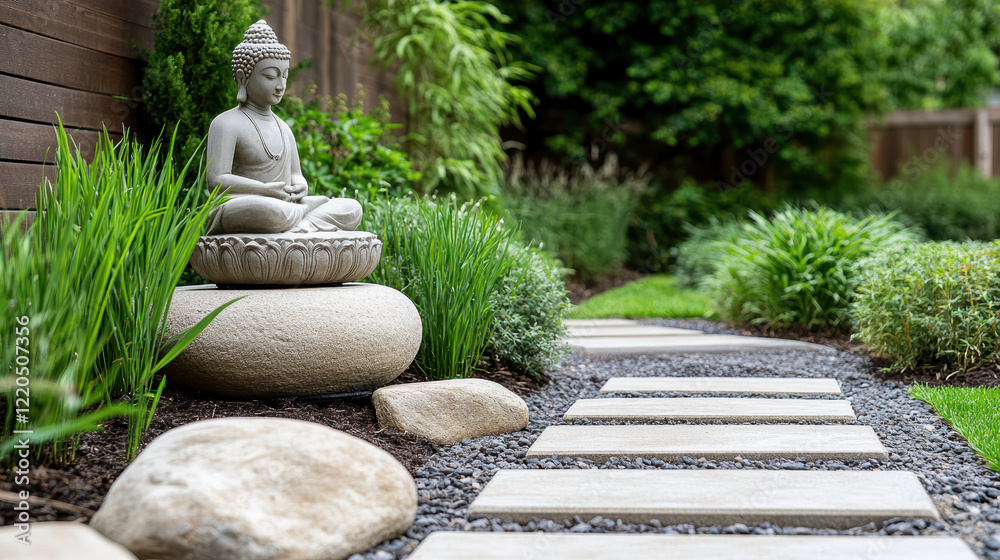 Fototapeta premium serene garden featuring Buddha statue surrounded by lush greenery