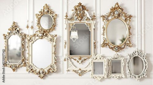 A pristine white plastered wall with a series of ornate mirrors and elegant frames, reflective surfaces, metallic accents, ornate decorations, high-end design, classical style