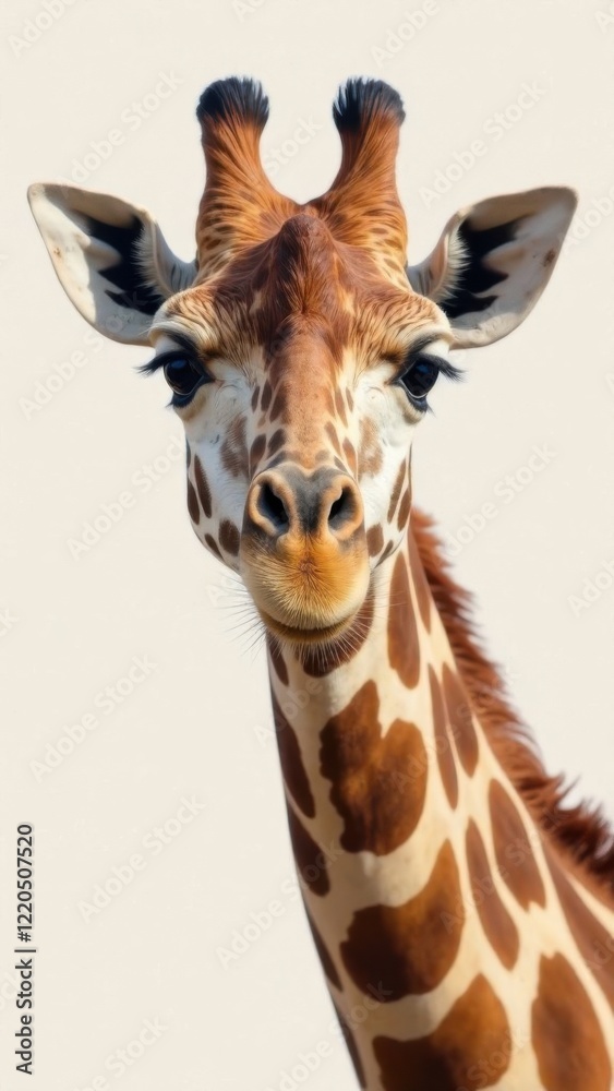 Fototapeta premium Funny giraffe in clothes, wearing a hat on a monochrome light background. Modern design. Sale, advertising, discounts, special offers. Business concept. Creative fashion banner, copy the space.