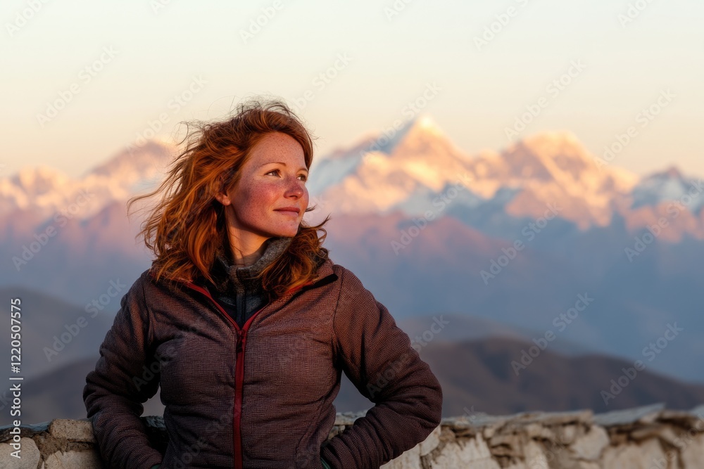 Naklejka premium Redhead woman enjoys mountain sunset, windswept hair, serene expression.