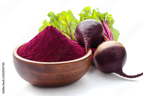 Beetroot Powder in Wooden Bowl with Fresh Beetroots and Leaves. Fresh beetroot powder in a wooden bowl accompanied by whole beetroots and vibrant green leaves, symbolizing health and nutrition.
