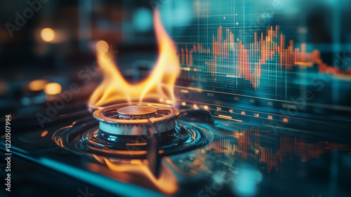 Gas Stovetop Flame with Financial Charts Overlay