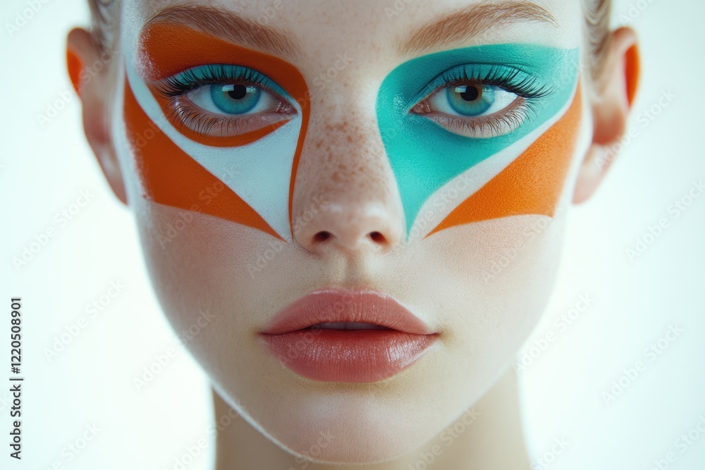 Close-up portrait of a woman with artistic orange and turquoise face paint, showcasing striking blue eyes and flawless skin. Close-up portrait of a woman with artistic orange and turquoise face paint, showcasing striking blue eyes and flawless skin.