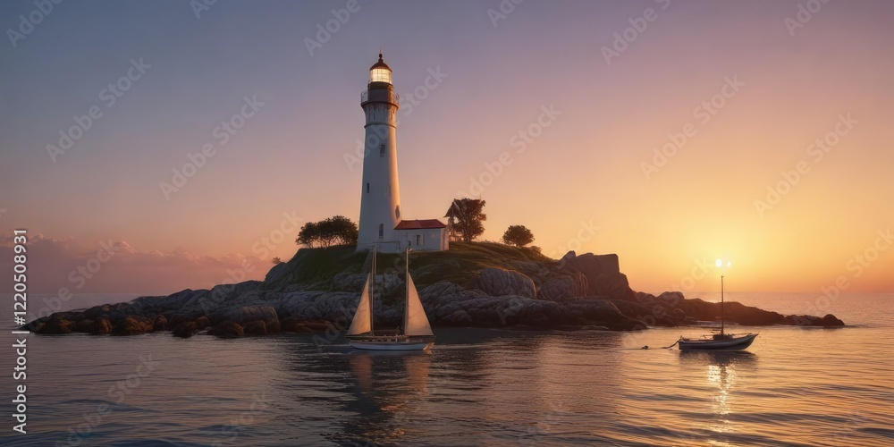 A small sailboat in front of a picturesque lighthouse at dusk with the warm glow, clouds, calmness A small sailboat in front of a picturesque lighthouse at dusk with the warm glow, clouds, calmness