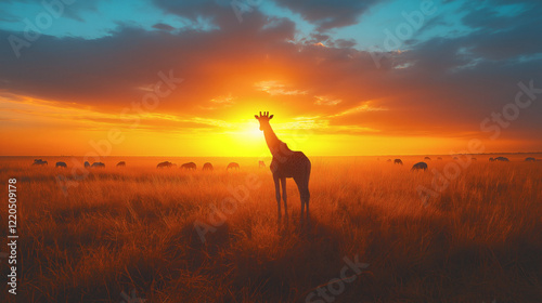 Giraffe Silhouette Against a Golden Savannah Sunset