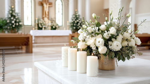 Beautiful altar with flowers and candles in serene church setting