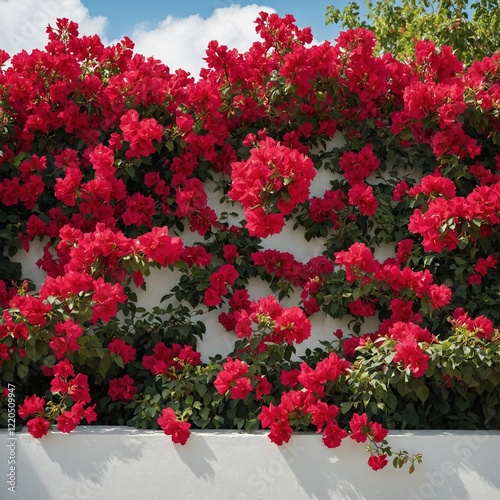 A cascade of red bougainvillea flowers on a white stucco wall.