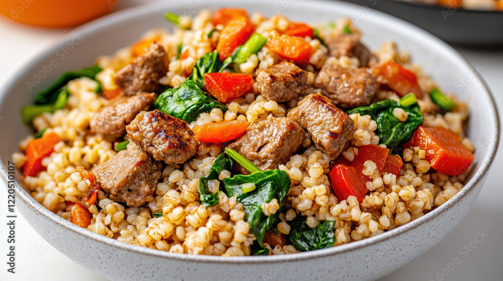 Healthy fitness meal with grains, vegetables, and protein for nourishment Healthy fitness meal with grains, vegetables, and protein for nourishment