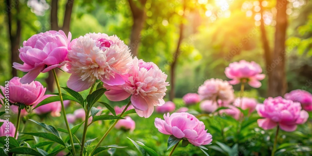 Soft pink peonies blooming in a lush garden among tall trees and greenery, floral, gardenia, floral, gardenia Soft pink peonies blooming in a lush garden among tall trees and greenery, floral, gardenia, floral, gardenia