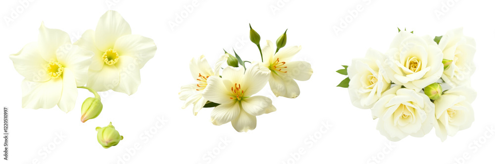 Set of a group of white flowers isolated on transparent background Set of a group of white flowers isolated on transparent background