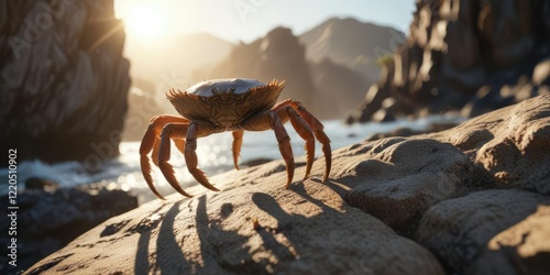 A solitary crab scuttles sideways across a sun-kissed rock, nature, wildlife, rock