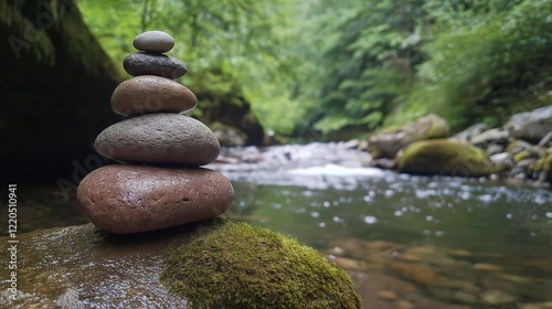 A stack of smooth river stones balanced on a moss-covered rock, with a gentle stream flowing in the background. photo