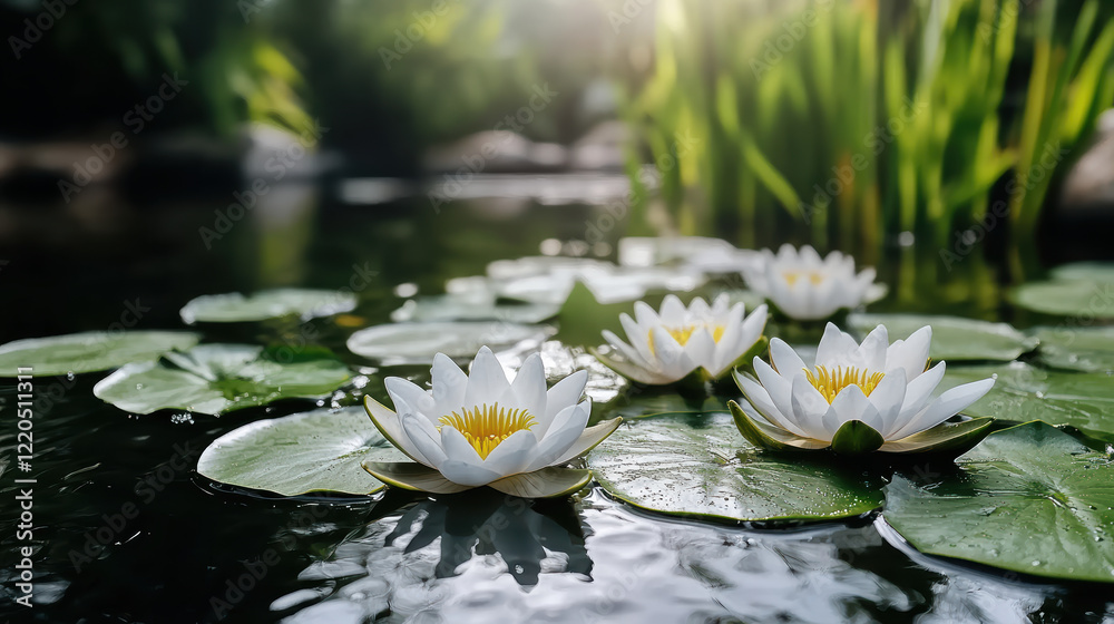 serene oasis with water lilies floating gracefully on calm water