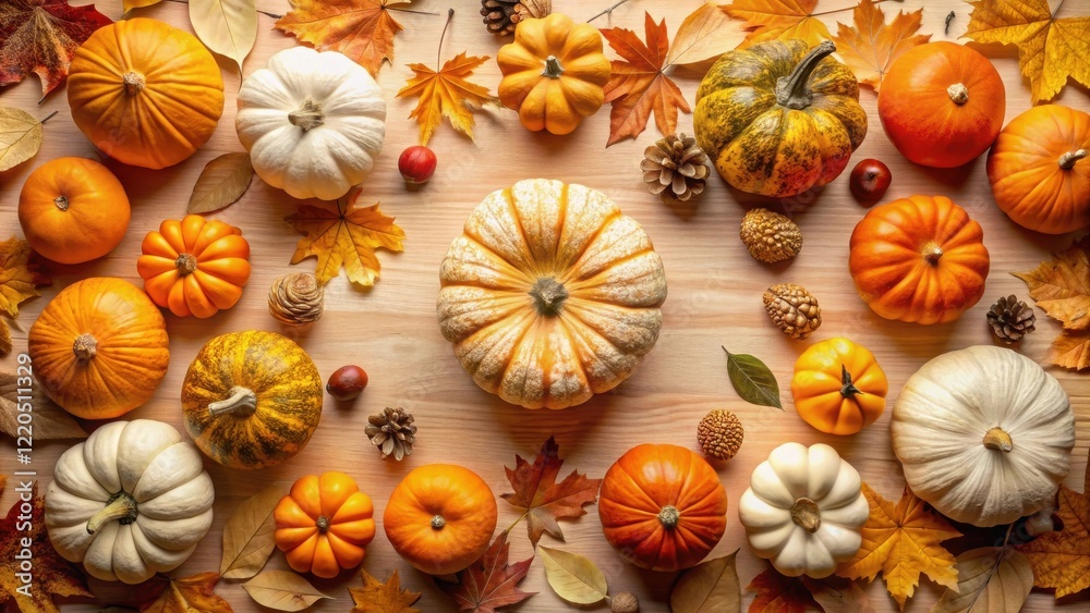 Autumnal Harvest A Festive Arrangement of Pumpkins and Fall Foliage on Wooden Surface Autumnal Harvest A Festive Arrangement of Pumpkins and Fall Foliage on Wooden Surface
