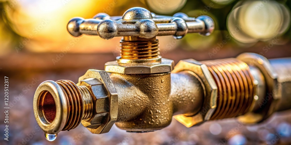 Close-up of a leaking brass valve with a cross handle, showing intricate details and a single drop of water Close-up of a leaking brass valve with a cross handle, showing intricate details and a single drop of water