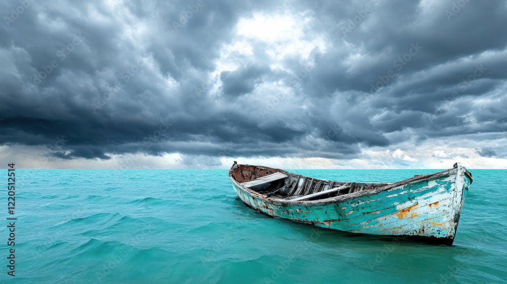 Fototapeta premium decayed boat floats on turquoise water under stormy sky