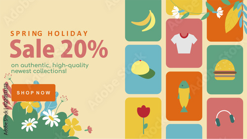 A vibrant spring sale promotion banner featuring fresh floral elements, bright pastel colors, and elegant template. Perfect for advertising seasonal discounts, special offers, and spring holiday sale.