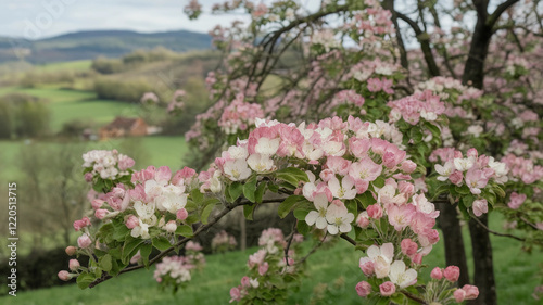 Wallpaper Mural Blooming Apple Blossoms in a Countryside Landscape with Springtime Flowers and Scenic Green Fields Torontodigital.ca