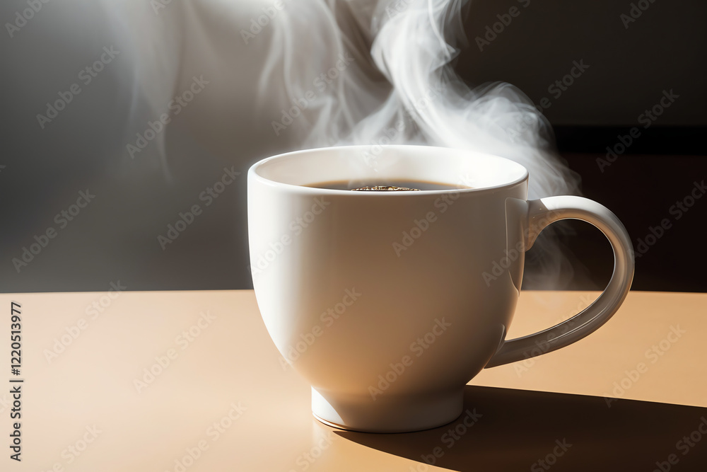 Fototapeta premium Close-up of a steaming cup of coffee on a table