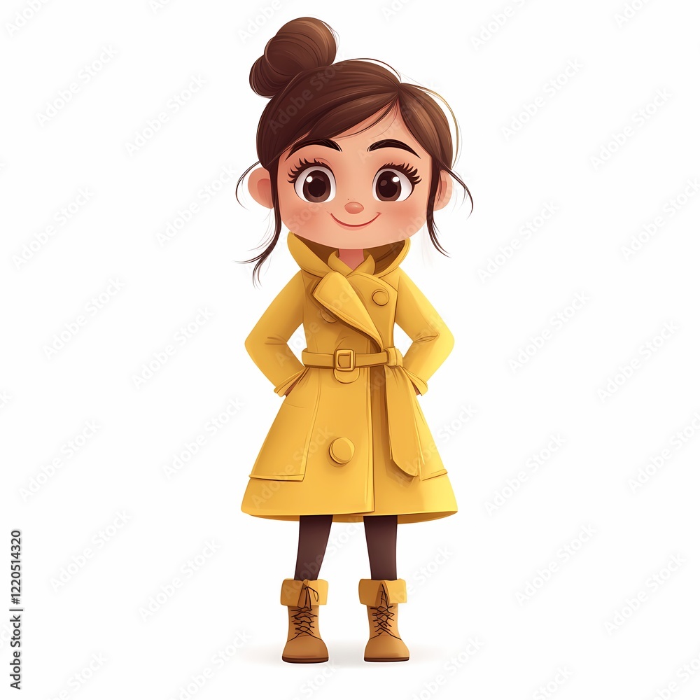 A cute cartoon character in a classic trench coat and boots on a white background A cute cartoon character in a classic trench coat and boots on a white background
