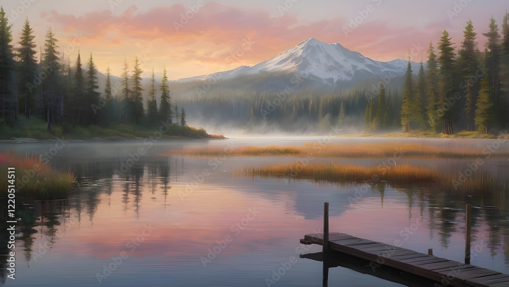 Fototapeta premium Whispers of Dawn: A Serene Mountain Lake at Sunrise