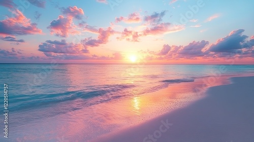 A serene sunset over a calm ocean with soft pastel colors in the sky, symbolizing peace, nature, and relaxation, perfect for vacation, meditation, and landscape photography.