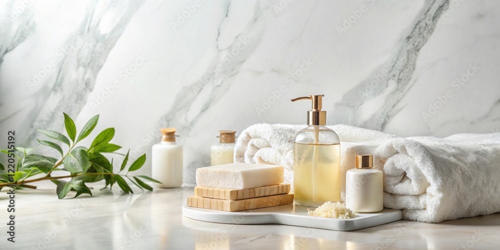 Luxurious bath and body products arranged on a marble surface with a soft white towel Luxurious bath and body products arranged on a marble surface with a soft white towel