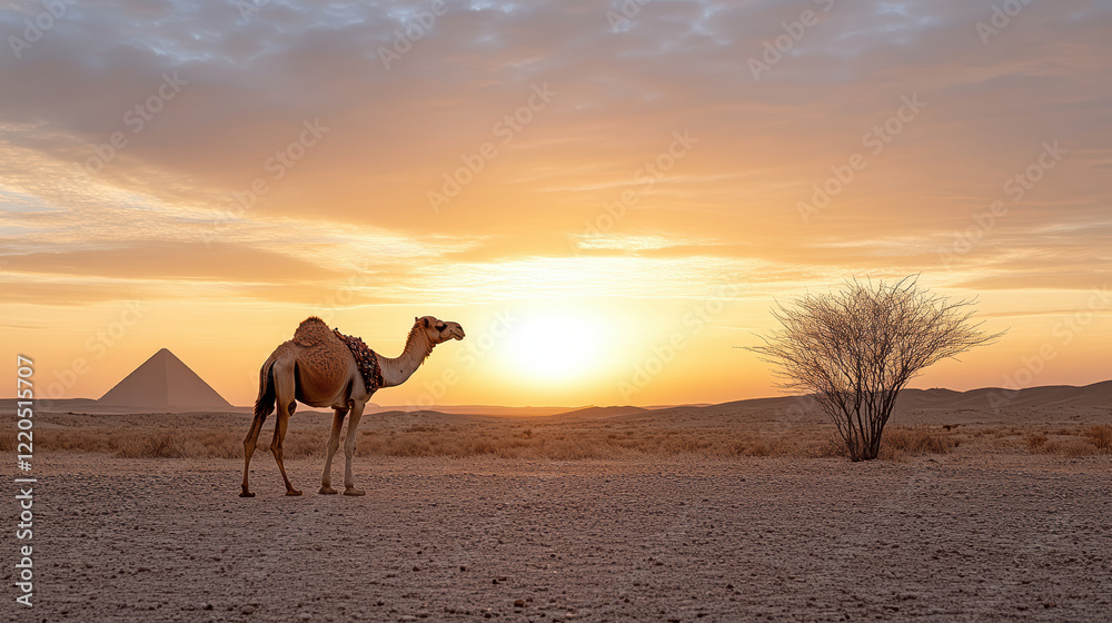 lone camel walking towards Great Pyramid at sunset, creating serene atmosphere lone camel walking towards Great Pyramid at sunset, creating serene atmosphere