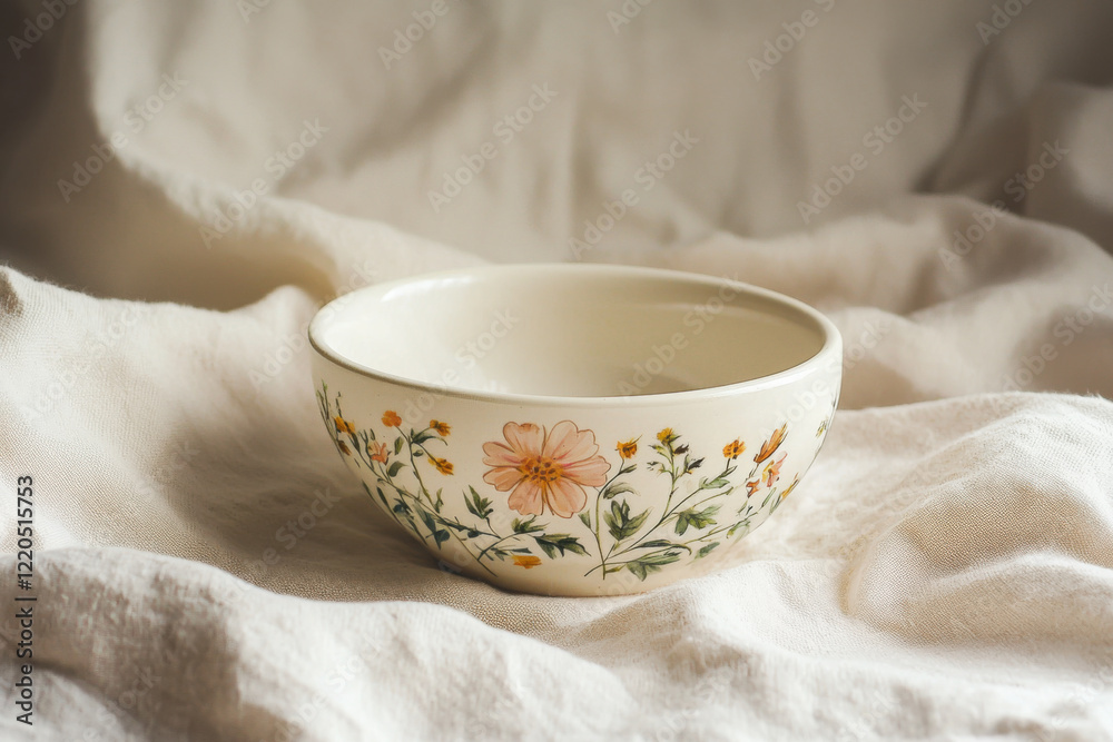 Delicate handcrafted bowl adorned with floral patterns resting softly on a draped fabric backdrop, highlighting the beauty of artisanal pottery in a cozy, inviting atmosphere Delicate handcrafted bowl adorned with floral patterns resting softly on a draped fabric backdrop, highlighting the beauty of artisanal pottery in a cozy, inviting atmosphere