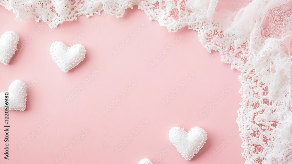 White hearts and lace on pink background White hearts and lace on pink background