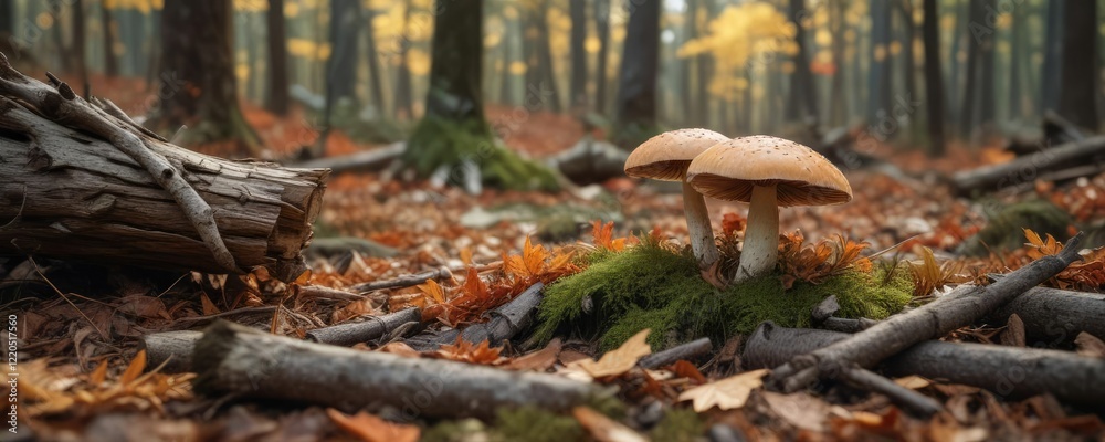 Obraz premium A brown capped mushroom partially hidden by fallen leaves and twigs on a forest floor amidst decaying logs and branches, outdoor landscape, fungi
