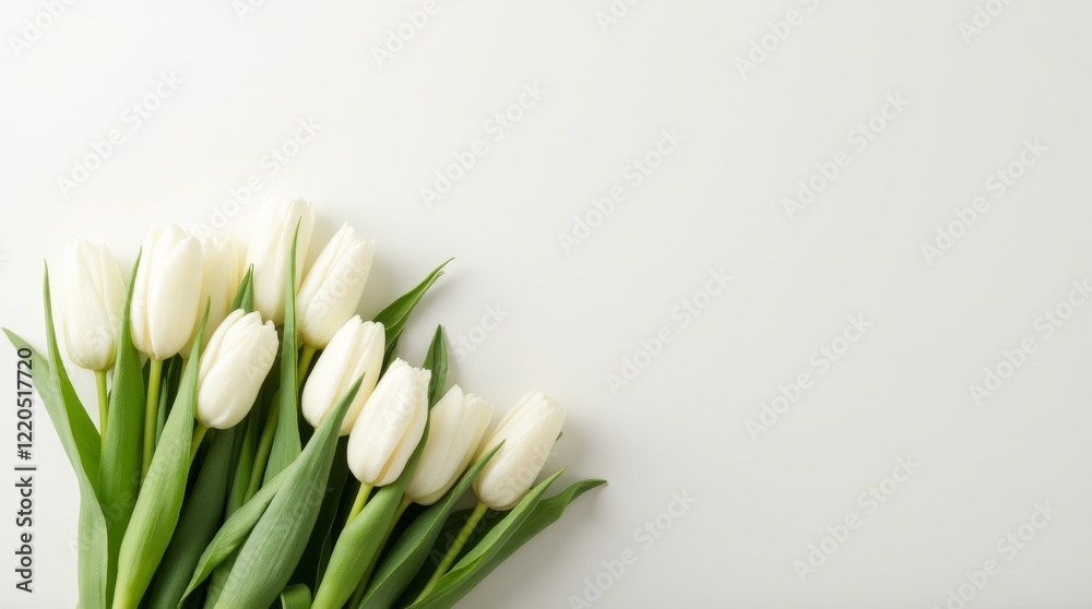 Lots of white tulips on the bottom on a white background with free space for text on top of the frame Lots of white tulips on the bottom on a white background with free space for text on top of the frame
