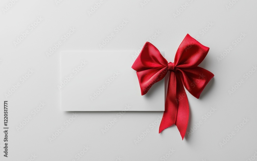 A minimal white discount card with a bold red ribbon and bow tied on the right side, featuring a blank area for text, isolated on a pristine white background