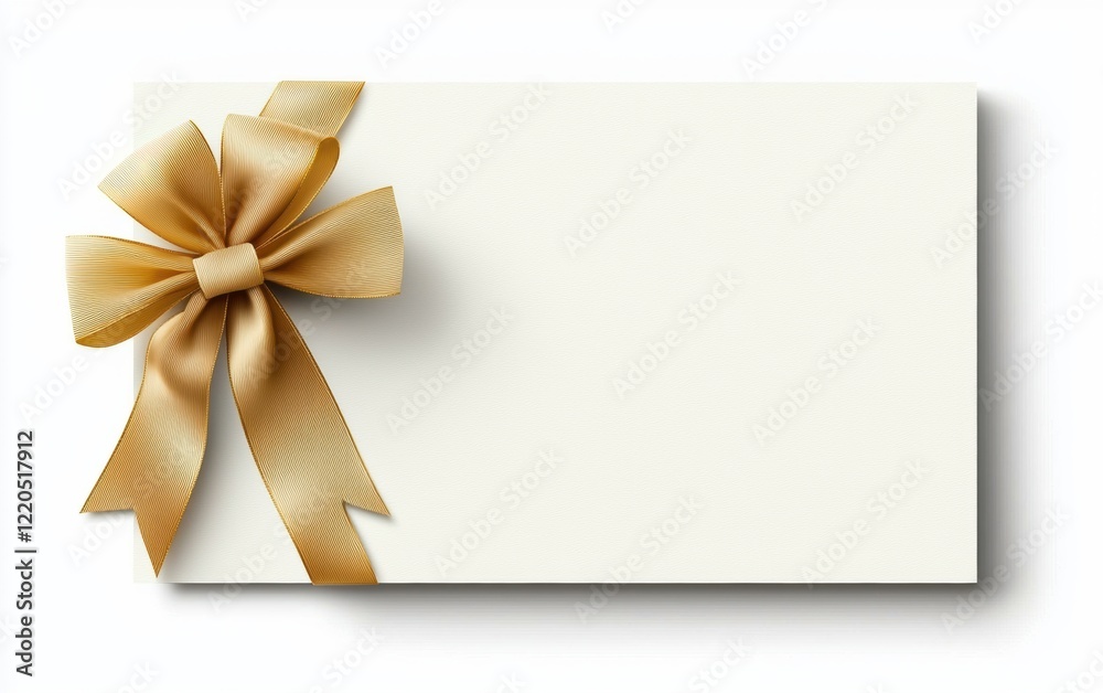 A minimalistic white gift card with a light gold ribbon and bow on the left side, offering space for text, isolated on a pristine white background A minimalistic white gift card with a light gold ribbon and bow on the left side, offering space for text, isolated on a pristine white background