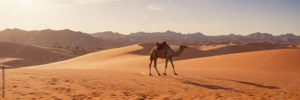 A camel is seen walking slowly towards the horizon, with its humps glistening in the sunlight, in Merzouga Desert , sand dunes, merzouga desert, desert landscape A camel is seen walking slowly towards the horizon, with its humps glistening in the sunlight, in Merzouga Desert , sand dunes, merzouga desert, desert landscape