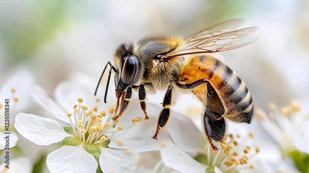 close up of bee pollinating white flowers, showcasing nature beauty close up of bee pollinating white flowers, showcasing nature beauty