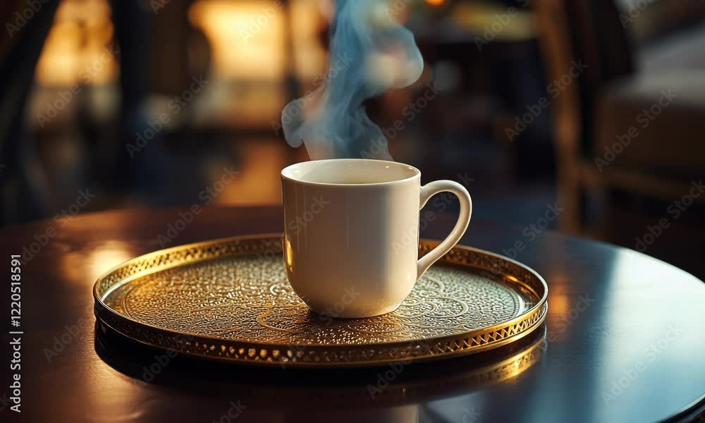 Morning coffee ritual: steaming mug evoking warmth and comfort in cozy cafe setting