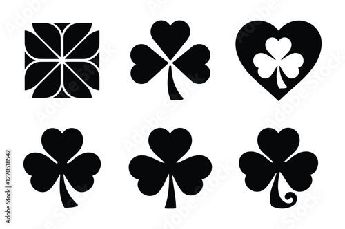 Minimalist shamrock icon set with 6 black clover silhouettes, geometric Irish leaf symbols for Saint Patrick's Day branding, flat vector clover illustrations for luck and holiday decorations.