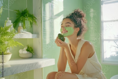 Young woman enjoying an avocado face mask in a serene bathroom setting.
