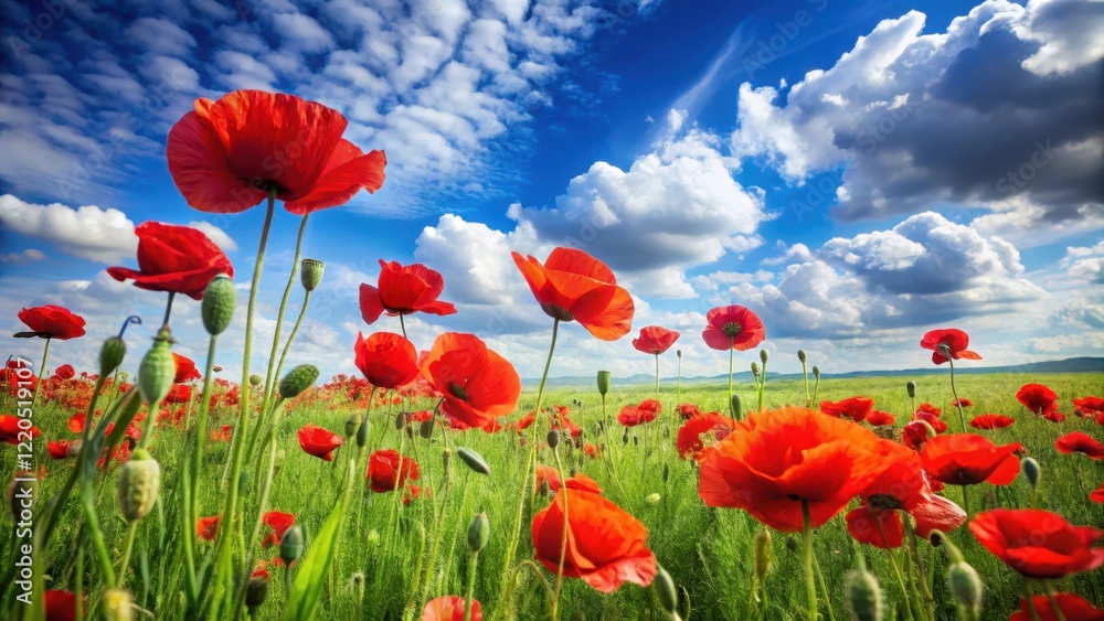 Obraz premium A vibrant red poppy field sways gently in a warm summer breeze, set against a bright blue sky with fluffy white clouds and lush green grass , Sunny Day, Red Poppies
