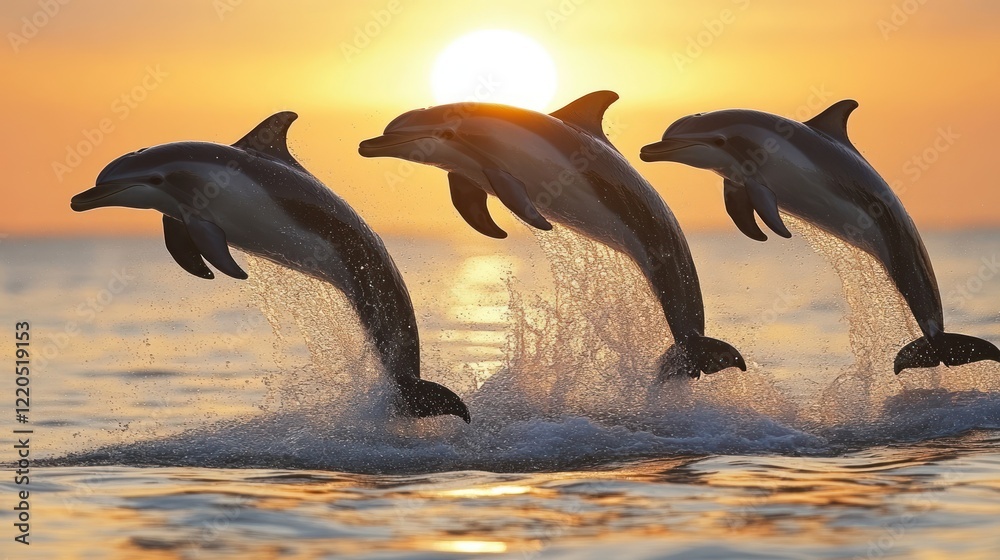 Fototapeta premium Sunset Dolphins Leap Ocean Sunrise Wildlife