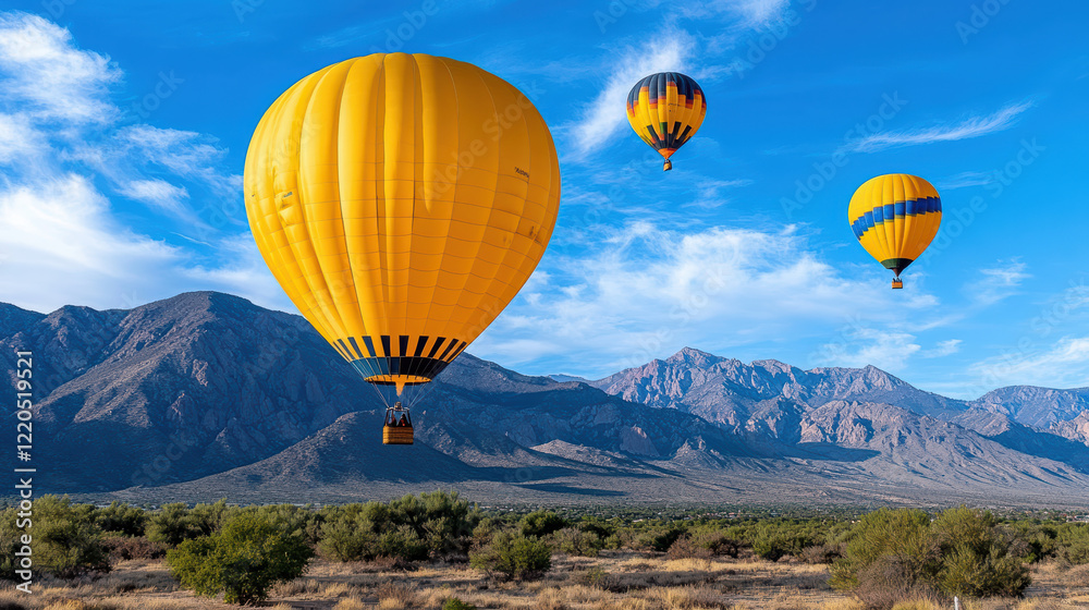 Fototapeta premium Hot air balloons soaring over scenic mountain landscape under blue sky
