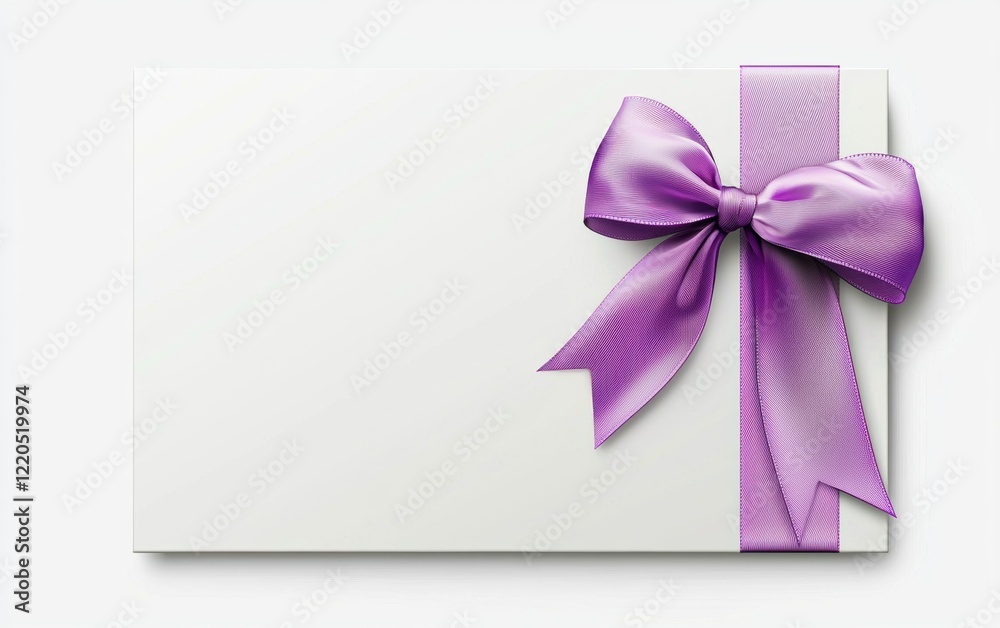 A premium white voucher with a bright lavender ribbon and bow on the top right corner, with room for text or branding, isolated on a bright white background A premium white voucher with a bright lavender ribbon and bow on the top right corner, with room for text or branding, isolated on a bright white background